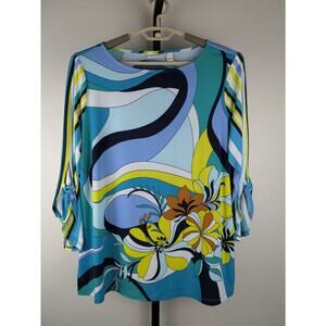 Susan Graver 3/4 length tie sleeve liquid knit shirt blue green geometric